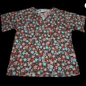 UA Brown Floral Star Fall Autumn Size Medium Scrub Shirt Nurse Vet Xray Tech